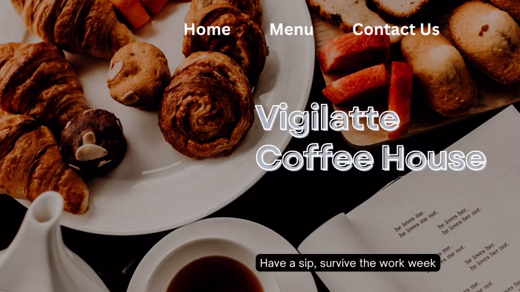 Professional coffee shop website design featuring a flat-lay of scones, treats, and a latte with an open book on a rustic table.